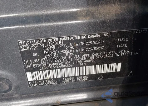 2019 Toyota Rav4 Le from USA, damaged, VIN 2T3H1RFV9KW005509